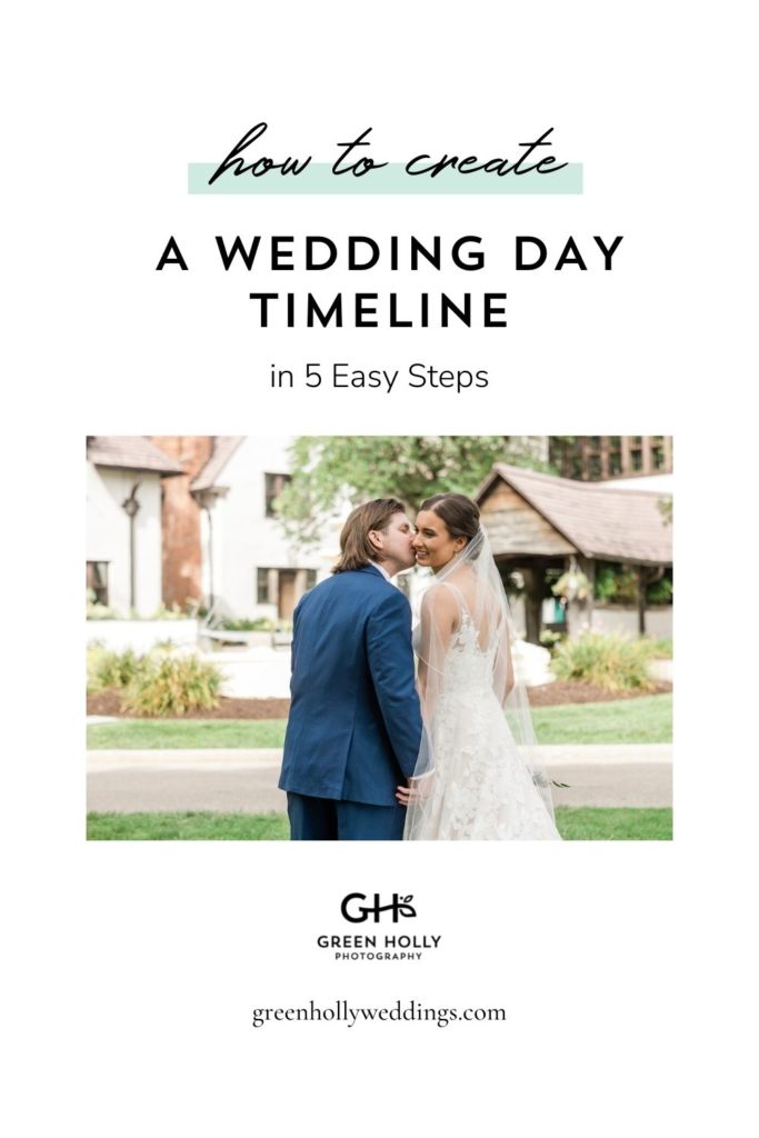 Groom plants a kiss on the bride's cheek as she smiles while they hold hands in front of their wedding venue; image overlaid with text that reads How to Create a Wedding Day Timeline in 5 Easy Steps
