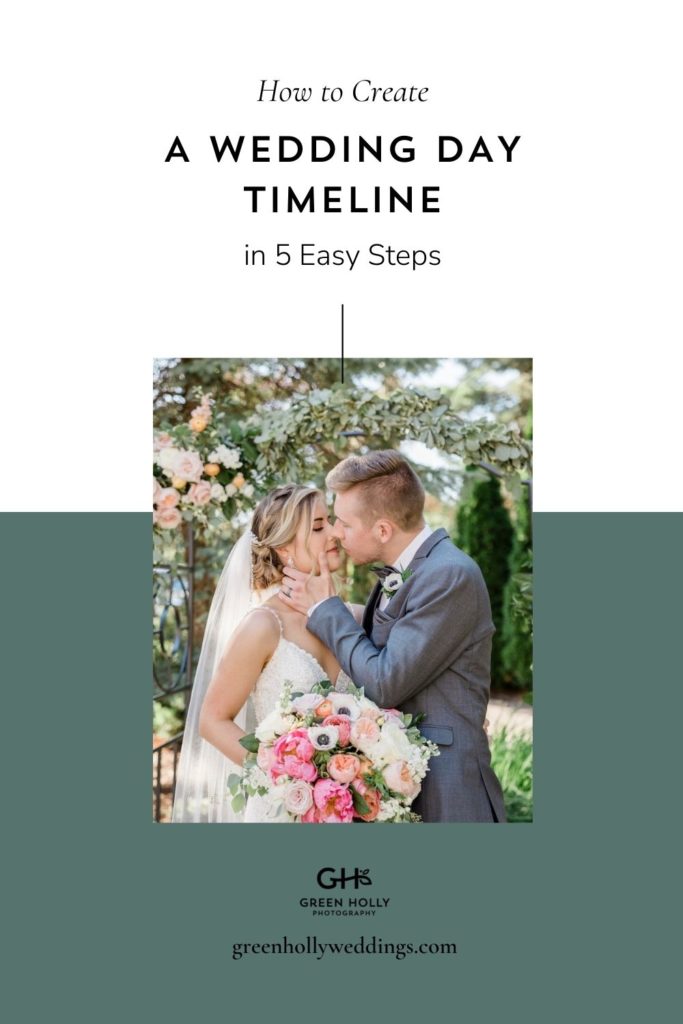 Bride and groom leaning in for a kiss during their wedding ceremony; image overlaid with text that reads How to Create a Wedding Day Timeline in 5 Easy Steps