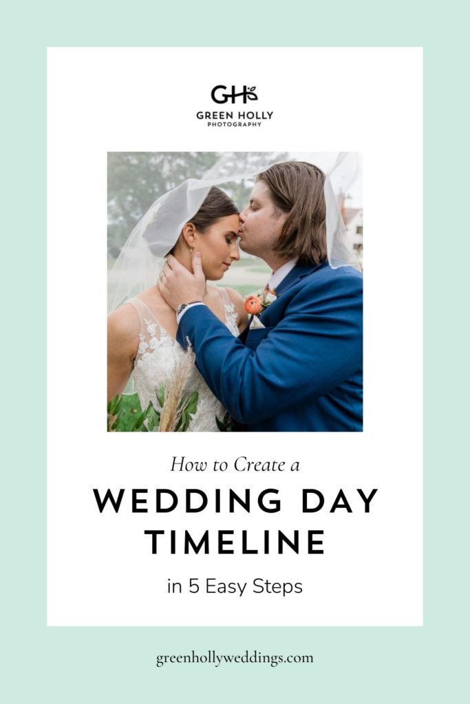 Groom plants a kiss on the bride's forehead under her sheer veil as she closes her eyes; image overlaid with text that reads How to Create a Wedding Day Timeline in 5 Easy Steps